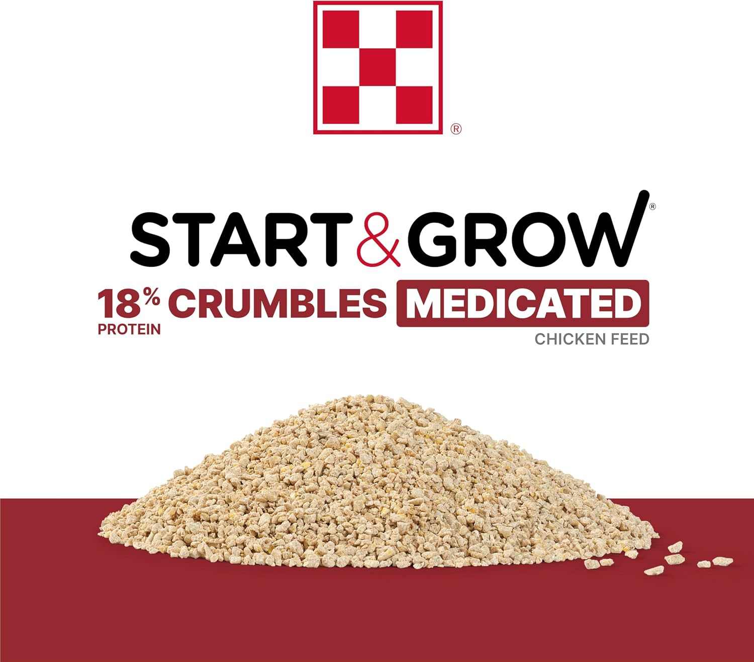 Baby chicks eating Purina Start and Grow medicated feed