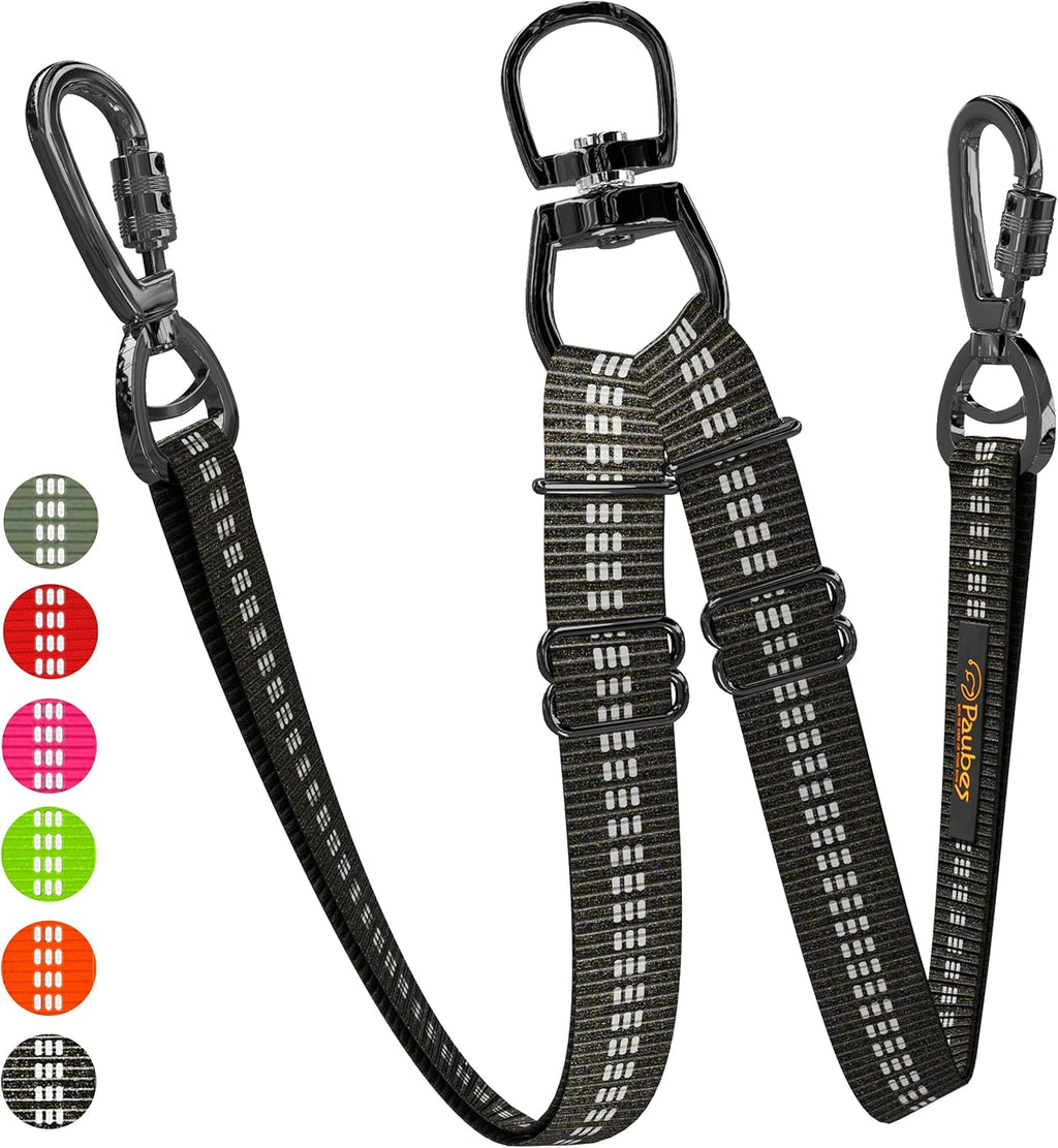 Adjustable dual pet coupler showing the three sixty degree non tangle swivel hook.