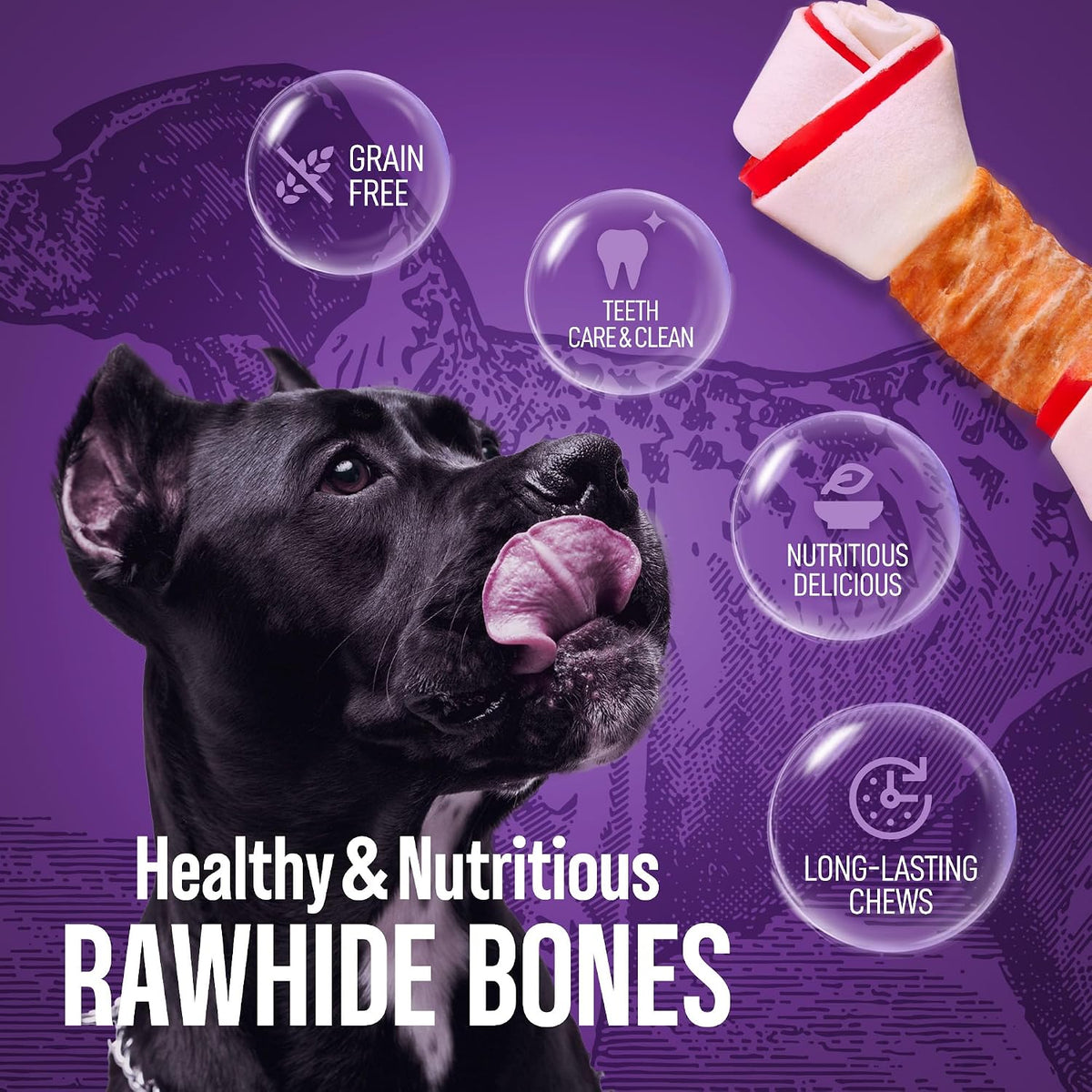 PETPHABET premium high protein knotted dog bones showing ingredients and product specifications