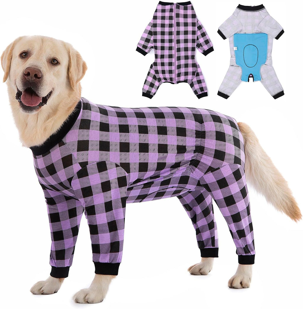 Yeapeeto dog recovery suit purple front view on a large dog