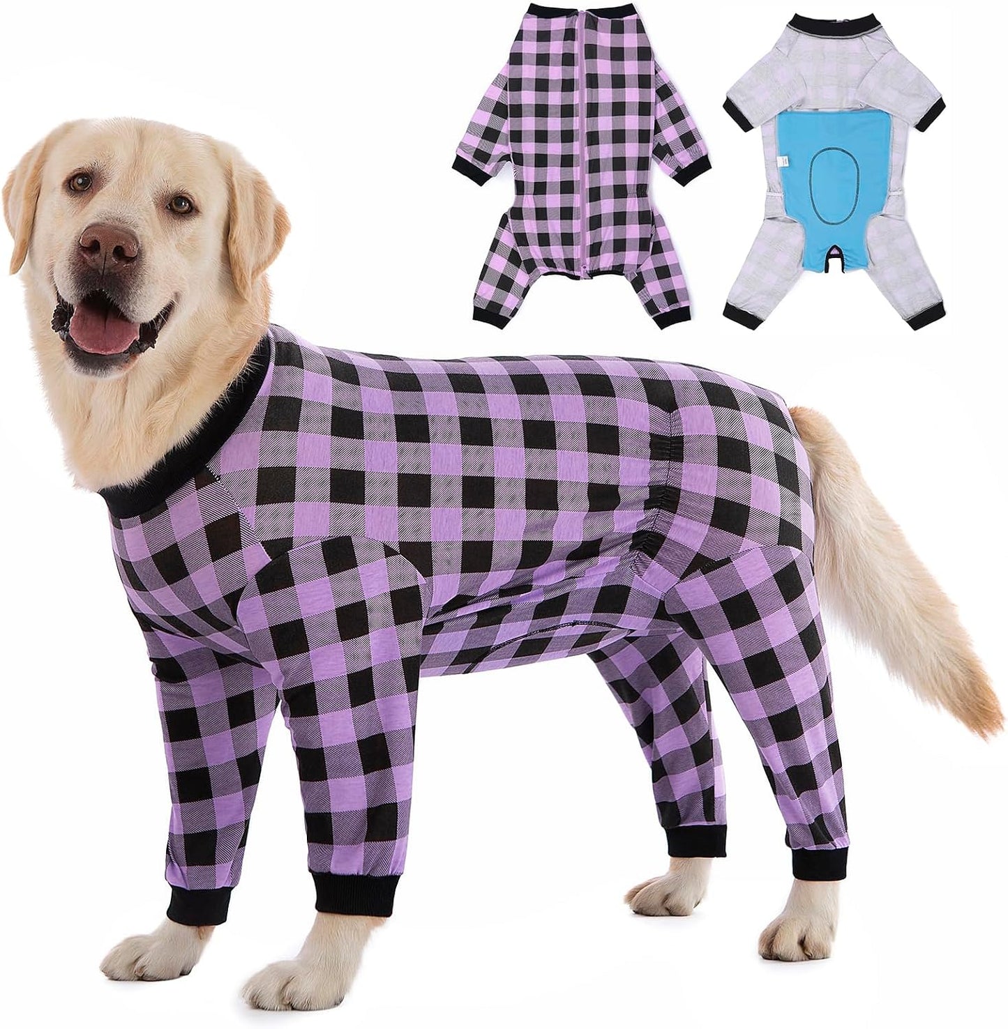 Yeapeeto dog recovery suit purple front view on a large dog