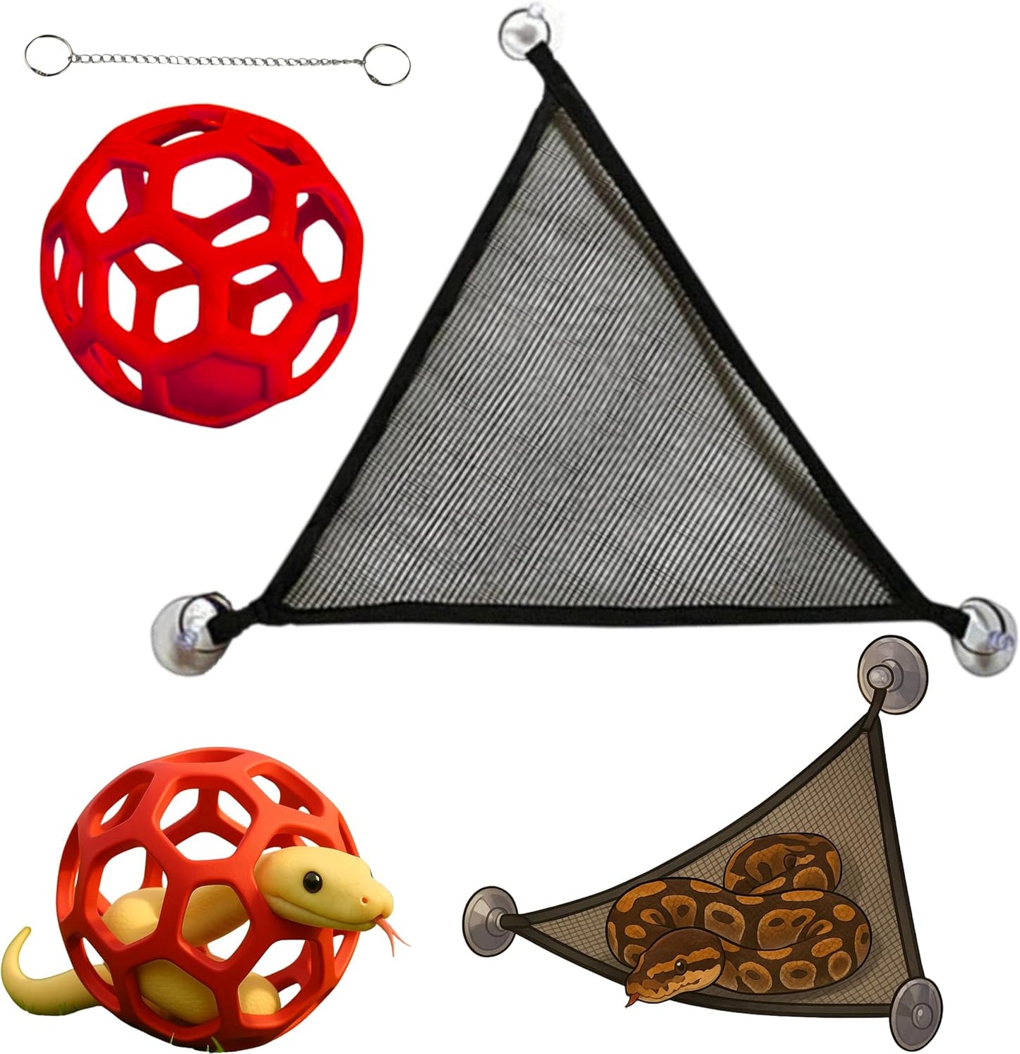 Homedy Crafts Snake Enrichment Ball and Hammock set front view inside a glass terrarium