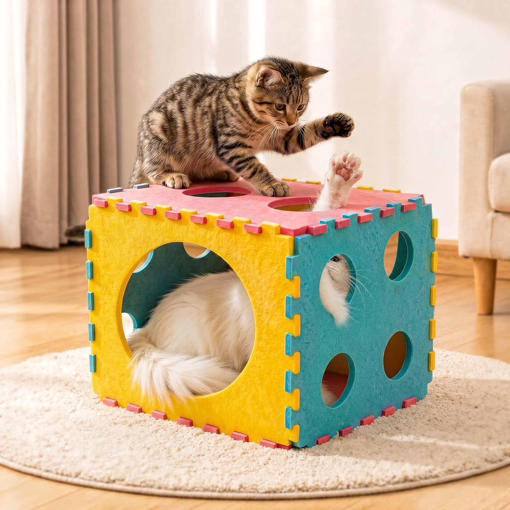 MOYMO kitten house bed with soft cotton pillow and scattered catnip toys