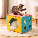 MOYMO kitten house bed with soft cotton pillow and scattered catnip toys