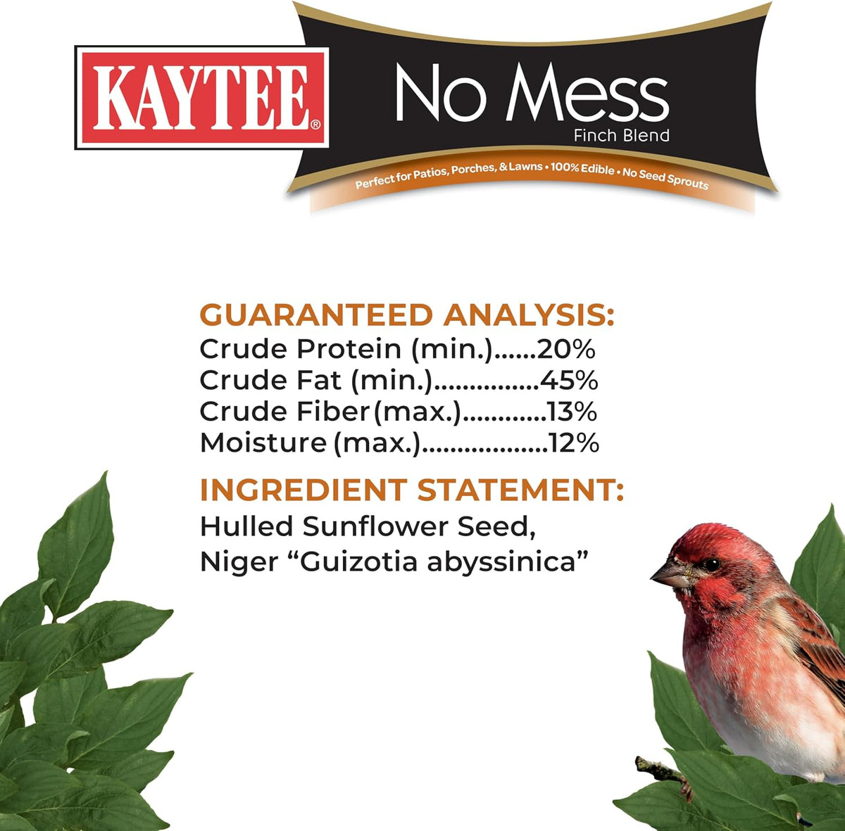 Kaytee No Mess Finch Seed nutrition label and ingredient details