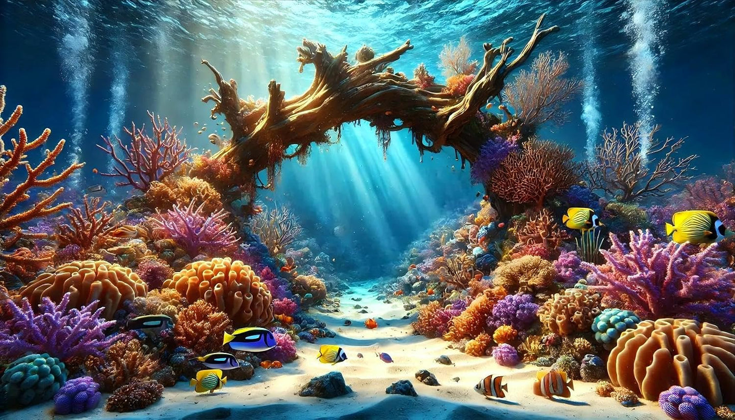 Underwater Cave Aquarium Background Rocks Water Plants Sunburst Landscape Fish Tank Background 24x12 Inches PVC Glass Container Decoration with Tapes - Image 13