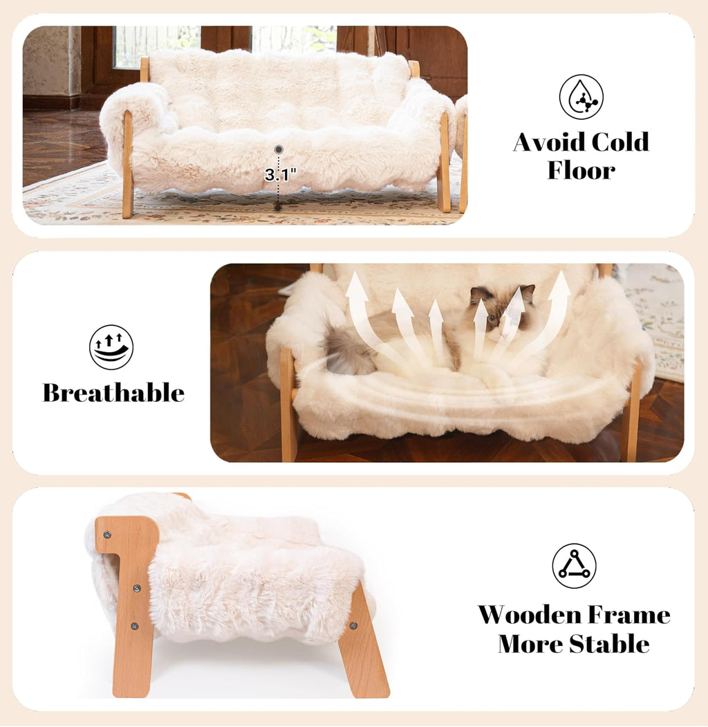 Side profile view of elevated wooden cat bed for air circulation