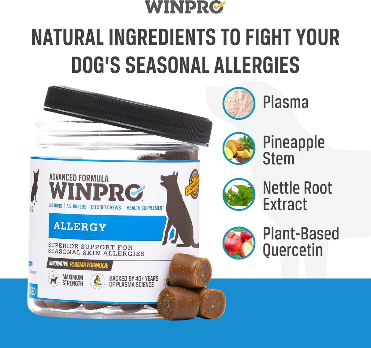 WINPRO pet allergy soft chew supplement showing daily feeding directions chart