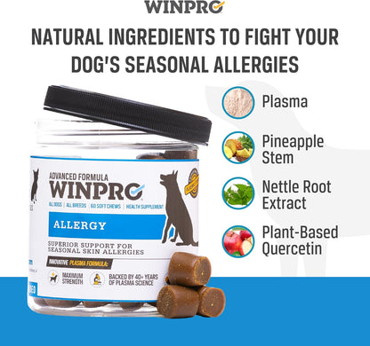 WINPRO pet allergy soft chew supplement showing daily feeding directions chart