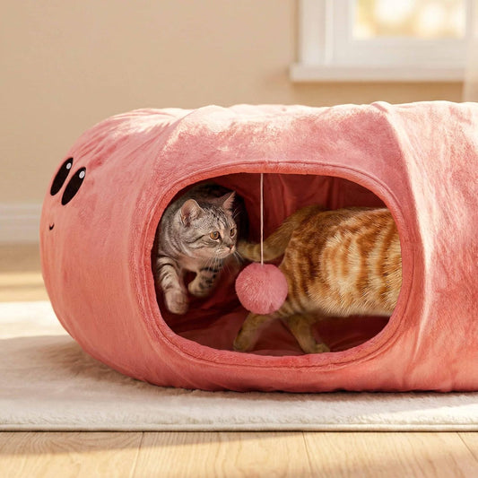 Collapsible pet tunnel with twenty included interactive kitten toys scattered around