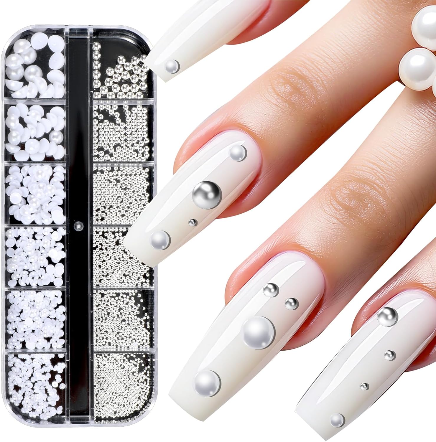 InnoHHustle 12 grid white pearl nail art charms set front view
