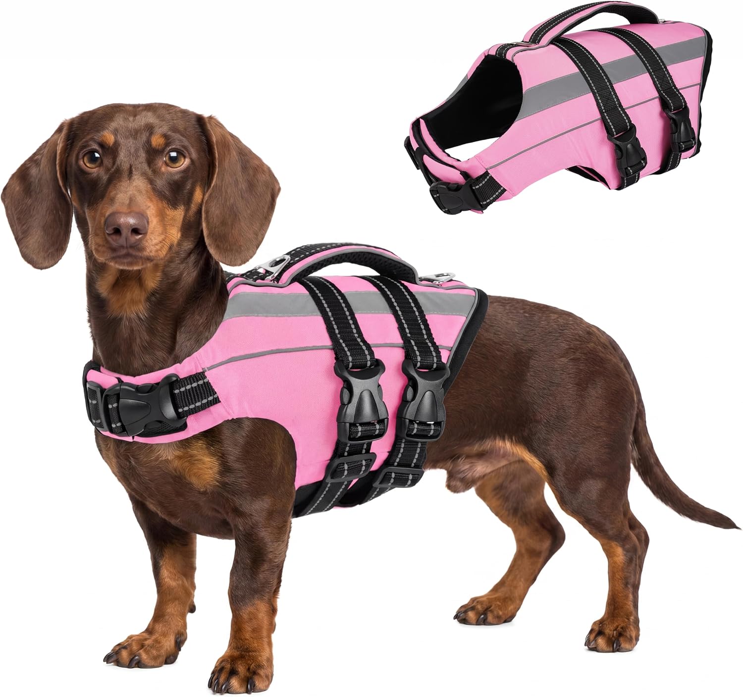 FUAMEY Dog Life Jacket in pink showing front view on a small puppy