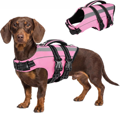 FUAMEY Dog Life Jacket in pink showing front view on a small puppy