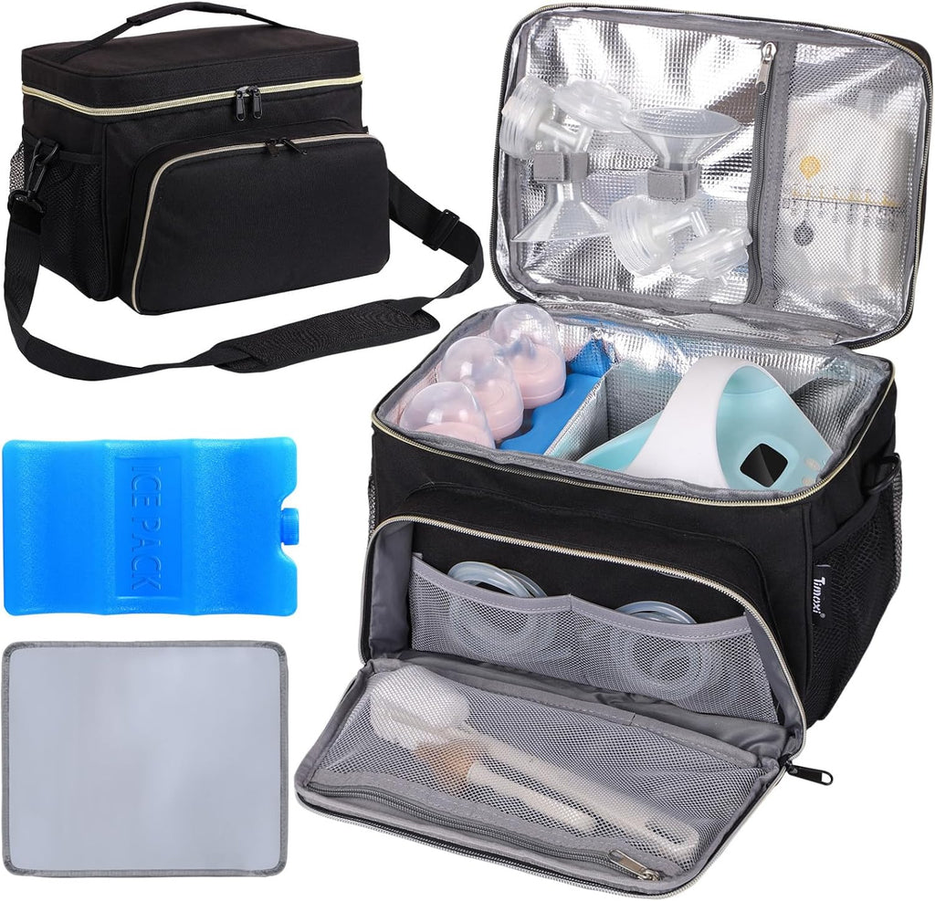 Timoxi breast pump bag front view showing the premium waterproof nylon exterior and secure zipper closures for travel.