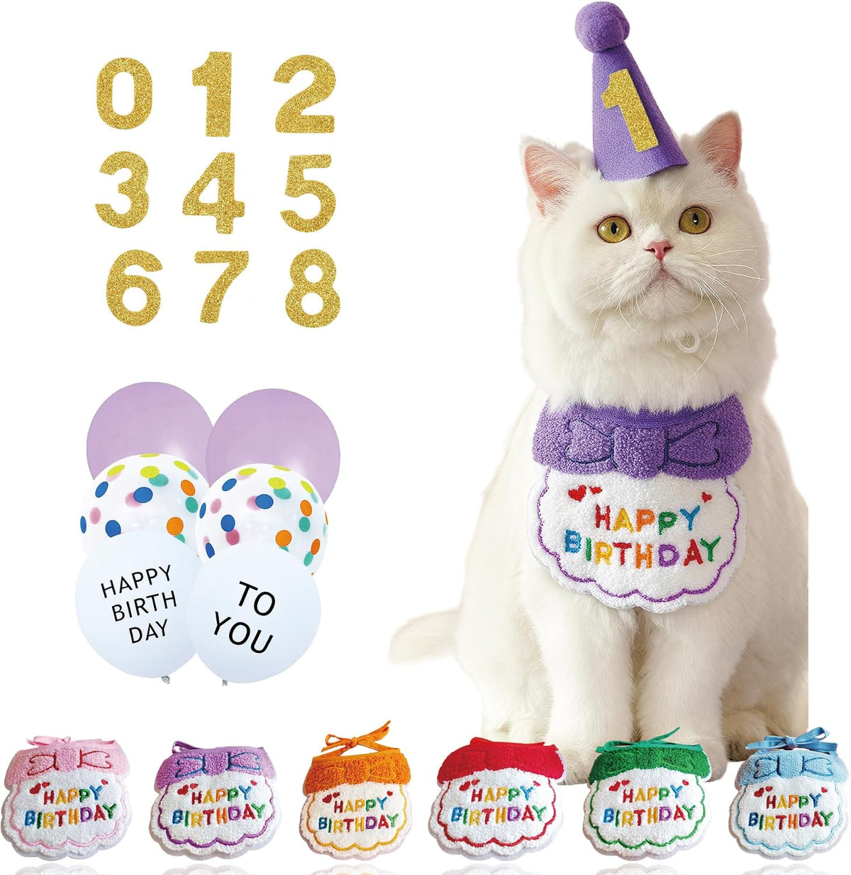 Reusable Cat Birthday Decorations Set - Adjustable Cat Birthday Hat & Bandana with Age Numbers | Kitty Celebration Kit for Memorable MilestonesBlue - Image 9