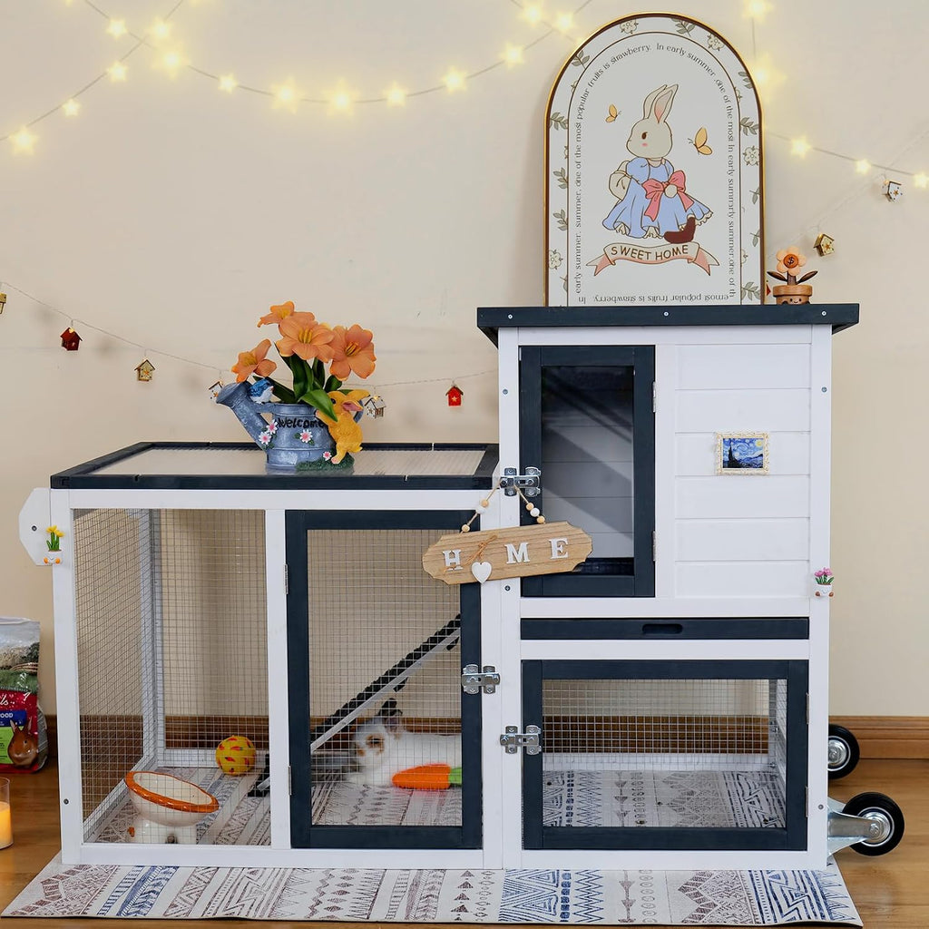 Rabbit Hutch Indoor Outdoor Bunny Cage, Weather Resistant Openable Roof, Slide Out Tray, Handle & Rolling Wheels, Chicken Coop, 48.05" L x 26.02" W x 34.3" H, White - Image 1