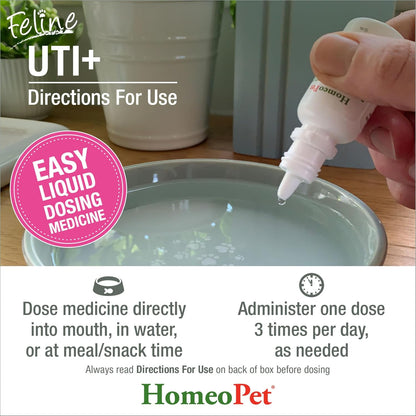 Close up of HomeoPet Feline UTI Plus supplement bottle