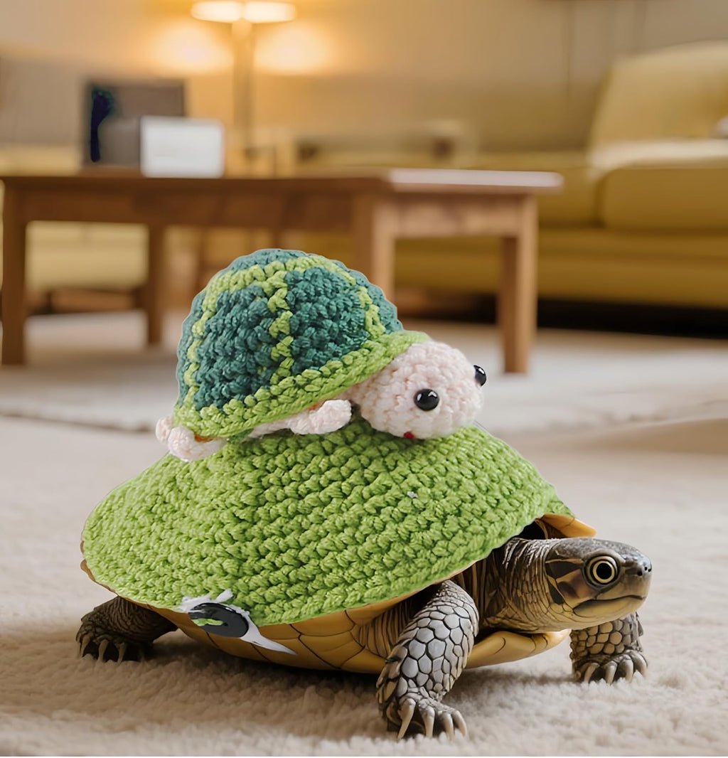 A small leopard tortoise moving comfortably while wearing the green knitted outfit