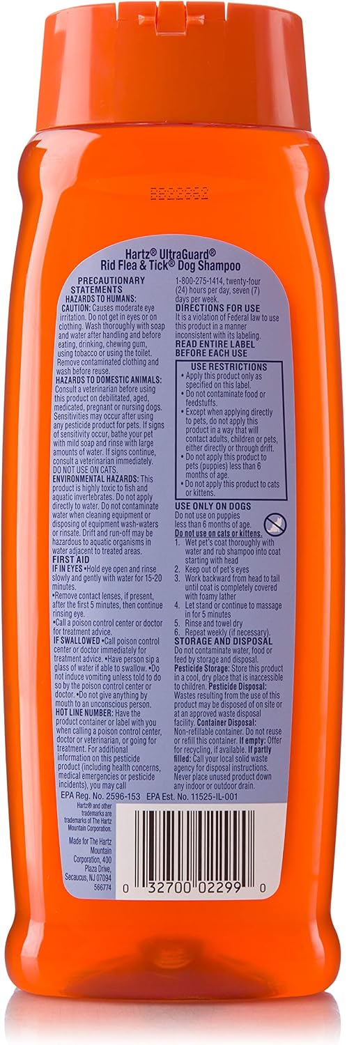 Hartz UltraGuard flea and tick dog shampoo back label showing active ingredients and usage instructions