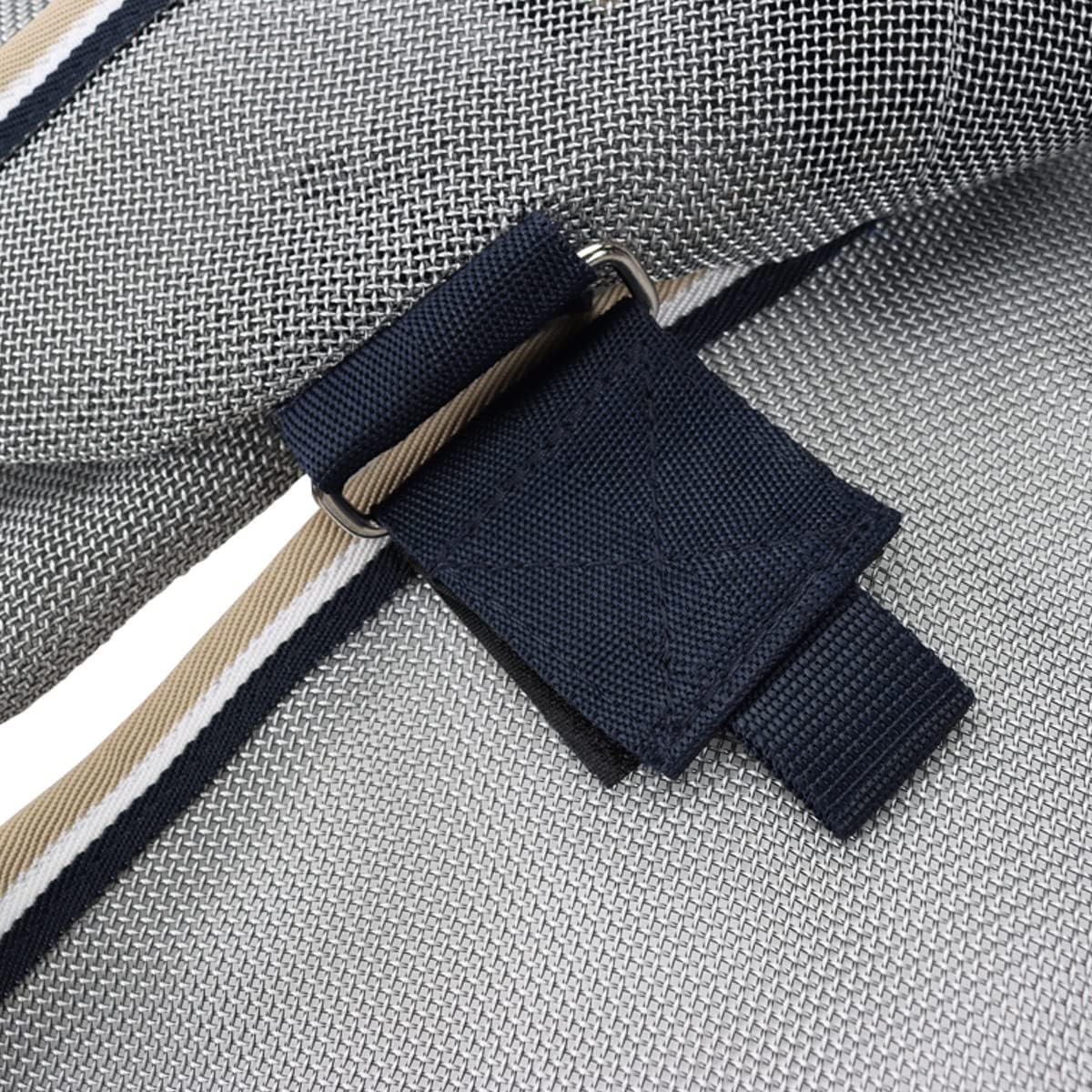 Horseware Rambo Protector Fly Sheet silver and navy trim color details on the equestrian rug.