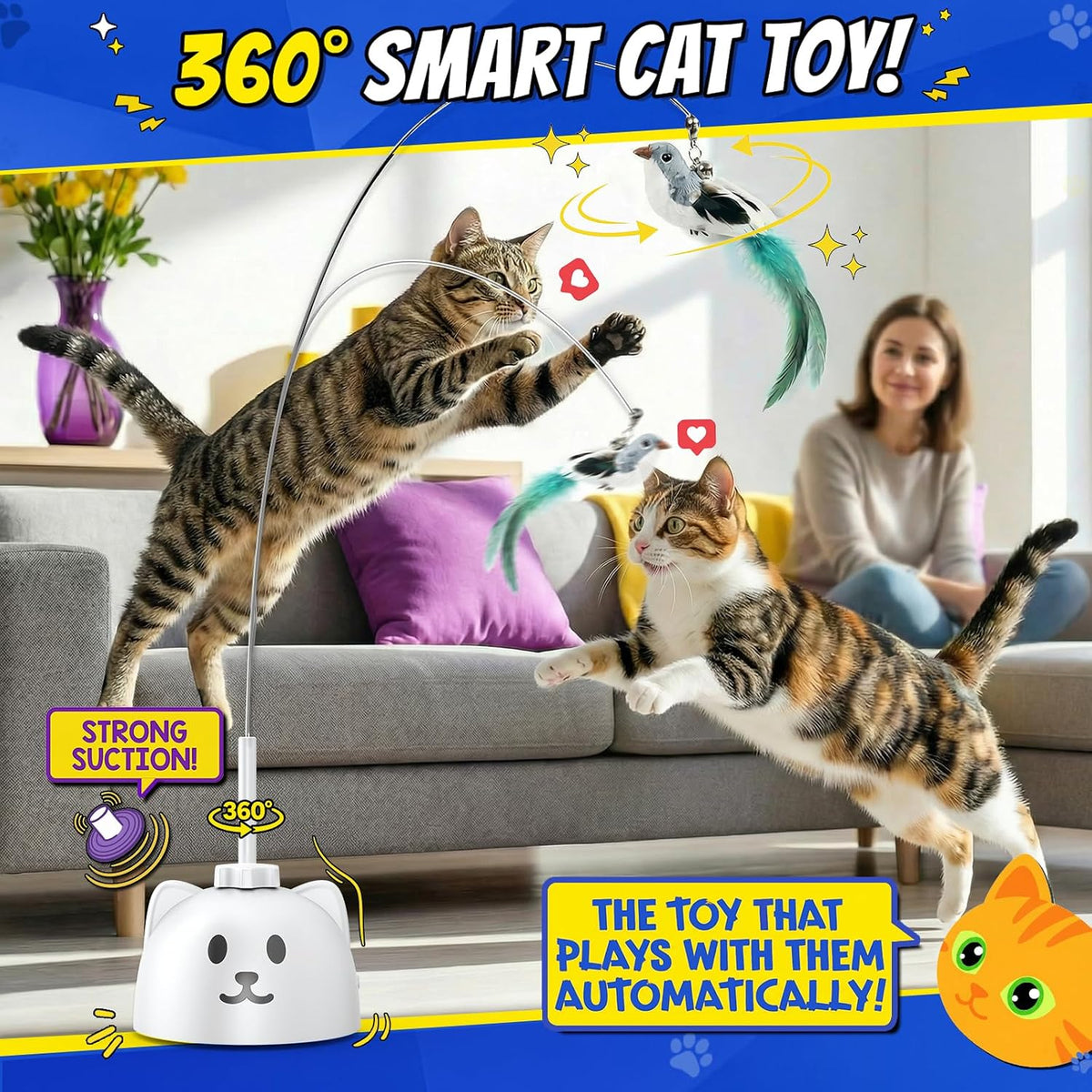 Automatic electric flying bird feather toy attached to a window with the sticky suction base.