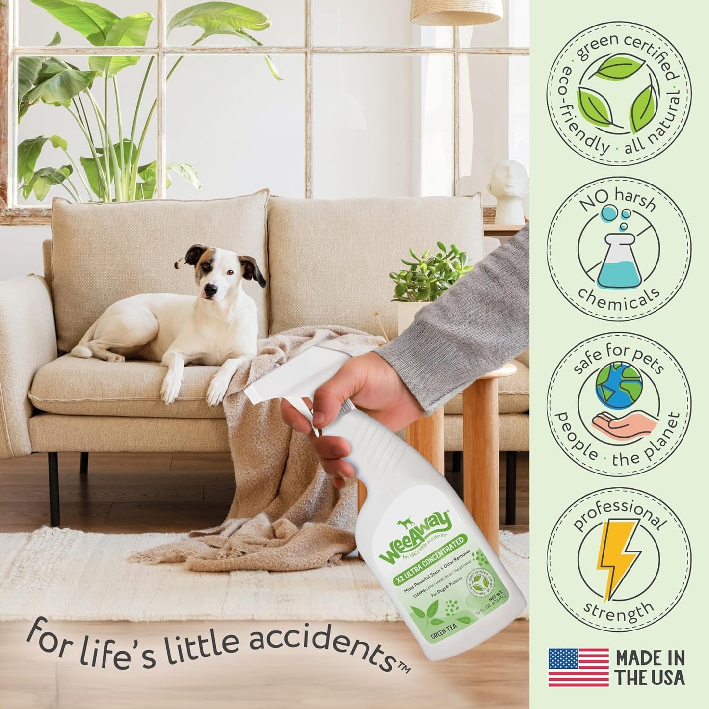 Wee Away X2 dog pee odor eliminator bottle showing enzyme technology