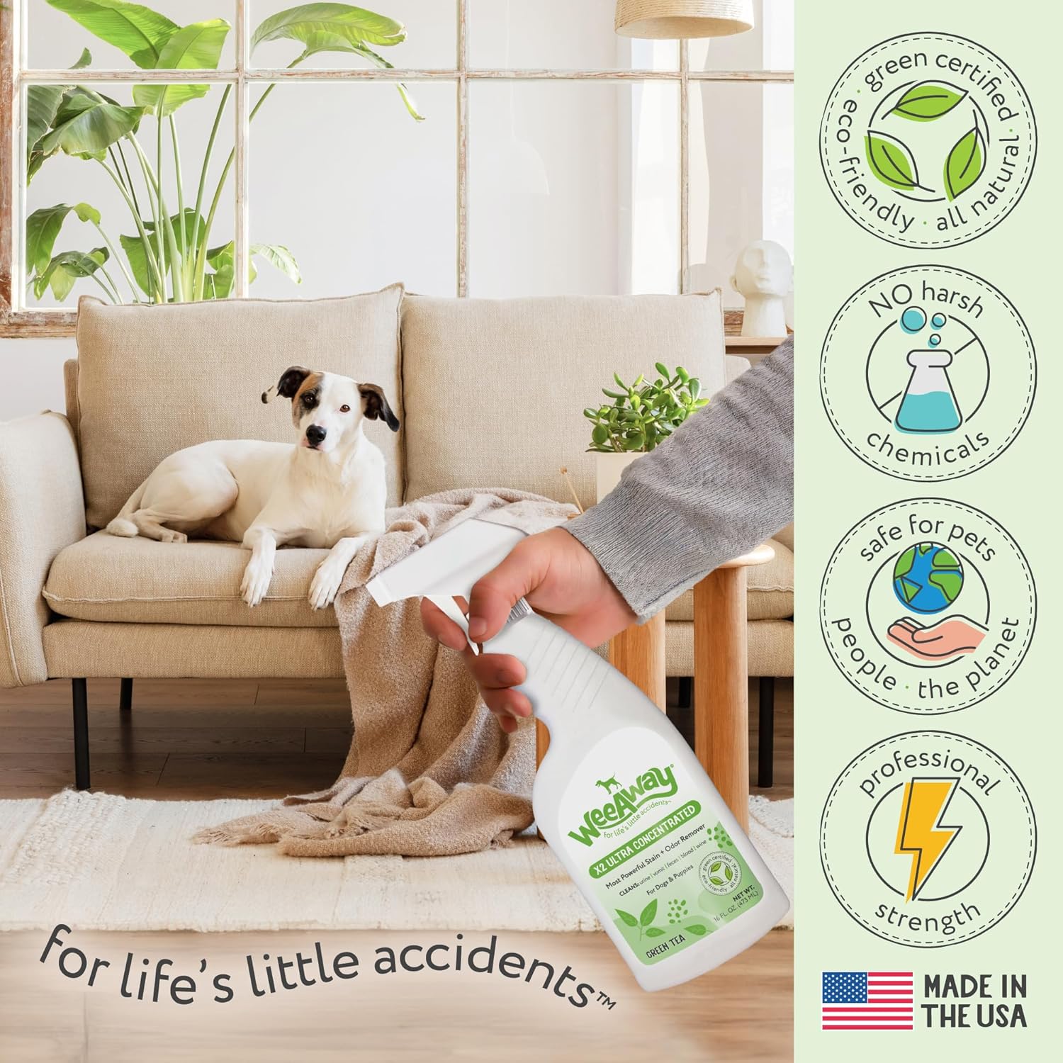 Wee Away X2 dog pee odor eliminator bottle showing enzyme technology