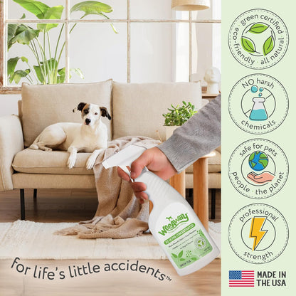 Wee Away X2 dog pee odor eliminator bottle showing enzyme technology