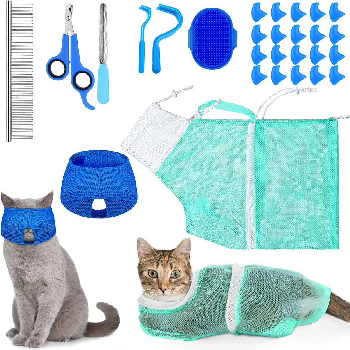 9 Pcs Cat Bathing Bag Set Cat Shower Bag Anti Bite and Scratch for Pet Grooming Washing Brush Comb Muzzle Nail Clipper Nail File Tick Tool(Blue, Gray) - Image 11