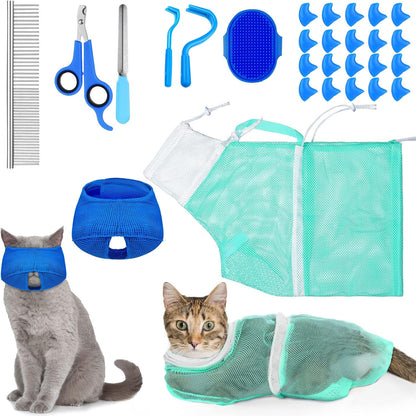 9 Pcs Cat Bathing Bag Set Cat Shower Bag Anti Bite and Scratch for Pet Grooming Washing Brush Comb Muzzle Nail Clipper Nail File Tick Tool(Blue, Gray) - Image 11