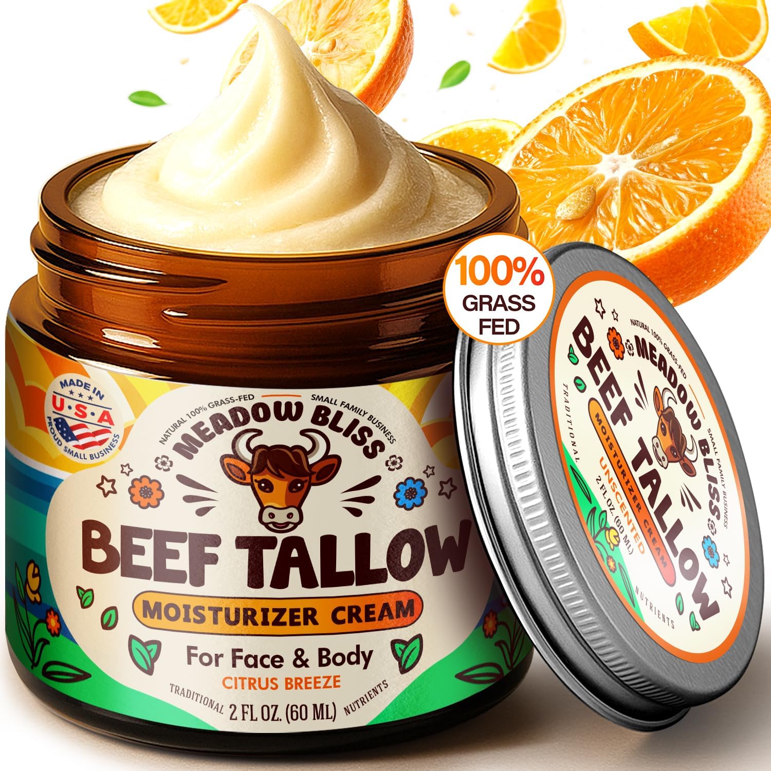 Meadow Bliss Beef Tallow Moisturizer Cream 2 ounce jar front view