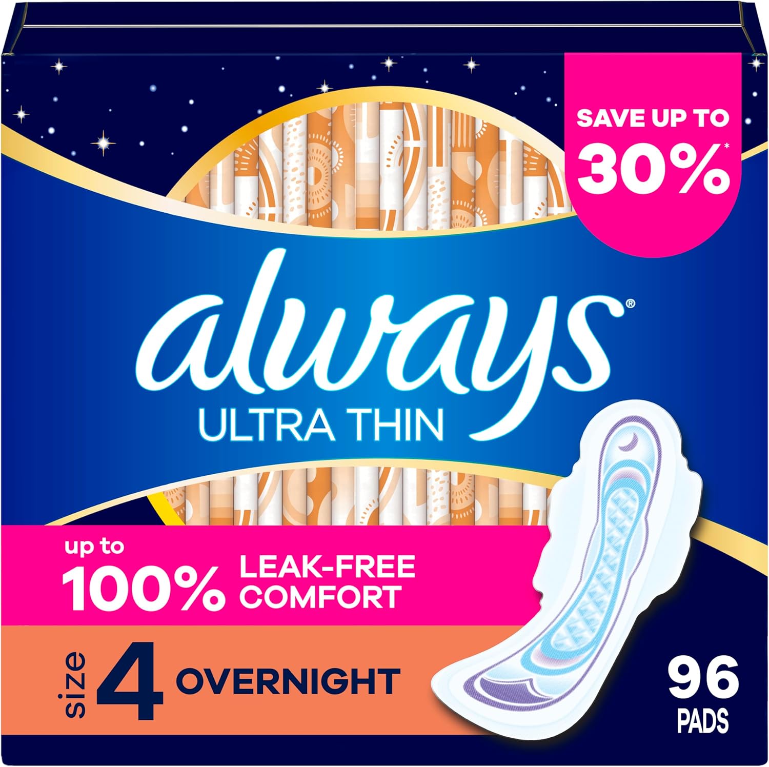 Always Ultra Thin Size 4 Overnight Pads 96 count front packaging view