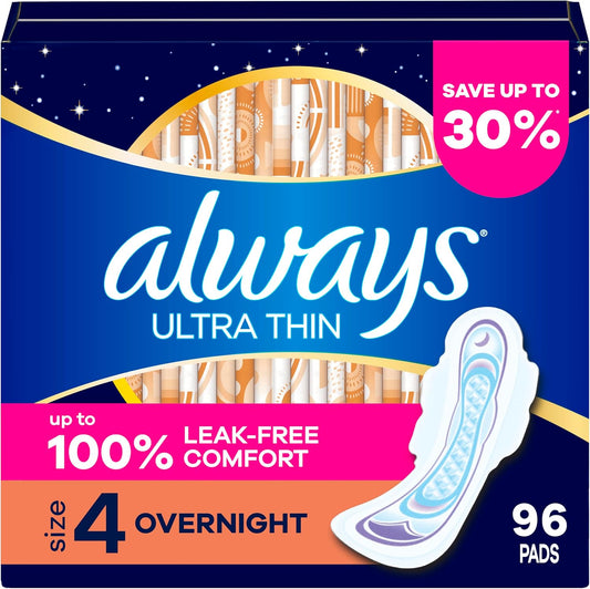 Always Ultra Thin Size 4 Overnight Pads 96 count front packaging view