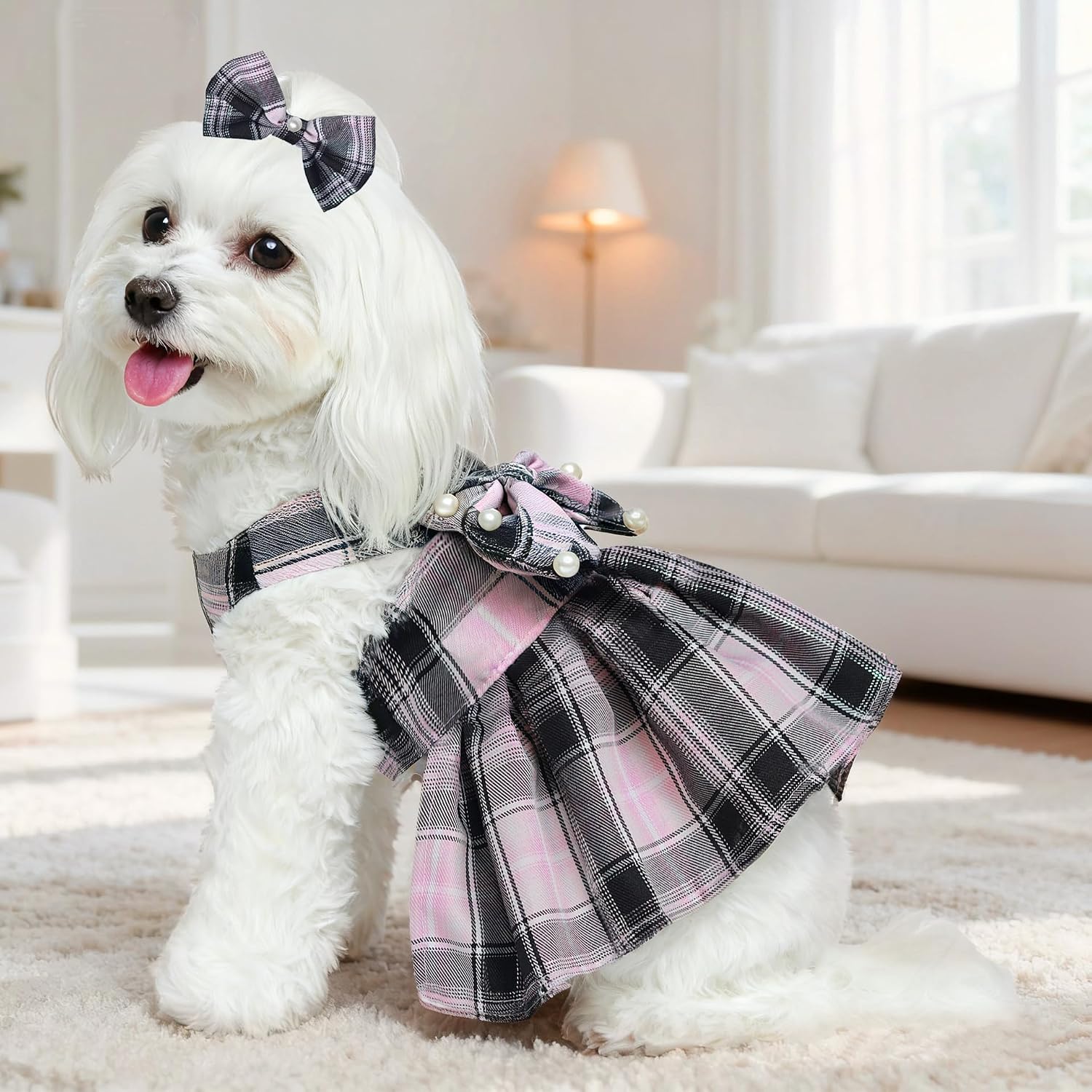 Dog Dress Bowknot Harness Leash Set for Small Dogs Girl Cute Plaid Dog Dress Pearls Bow Tie Spring Summer Princess Clothes Birthday Holiday Doggie Outfits for Puppy Cats Girl Apparel (Black, Small) - Image 9