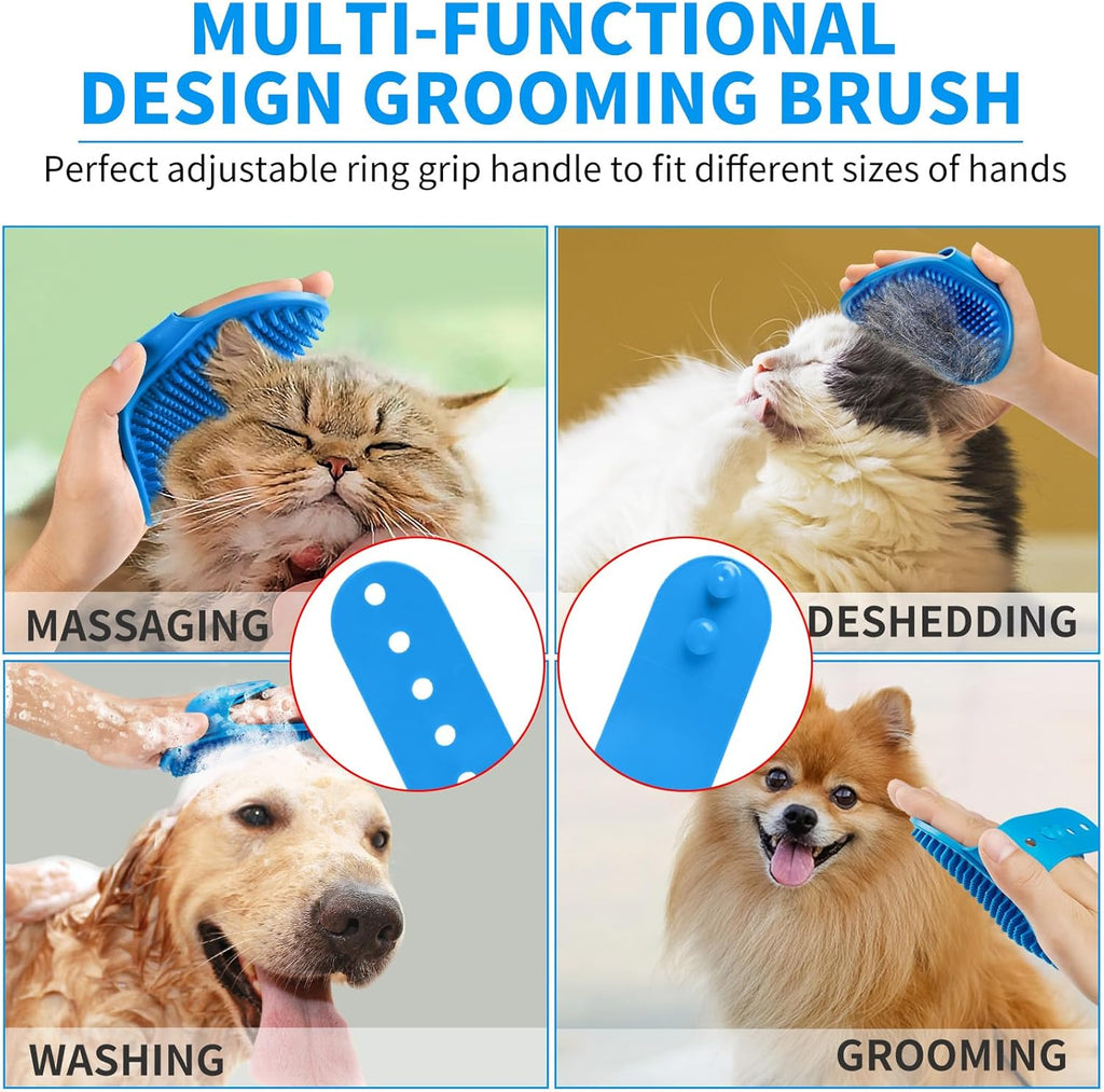 Comotech rubber pet scrubber removing loose fur from a long-haired dog