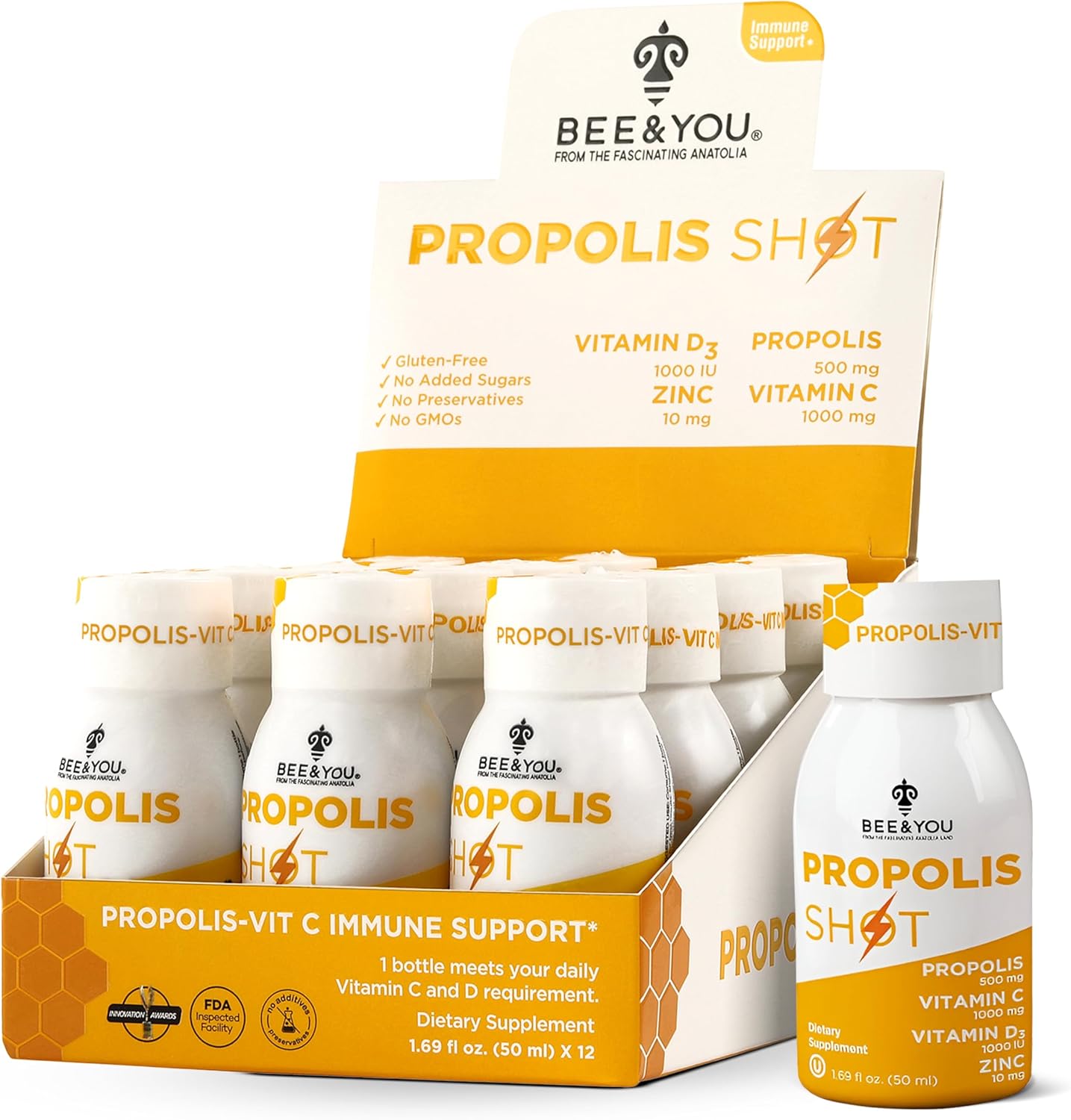 Bee And You Immune Support Propolis Shot 12 pack front view