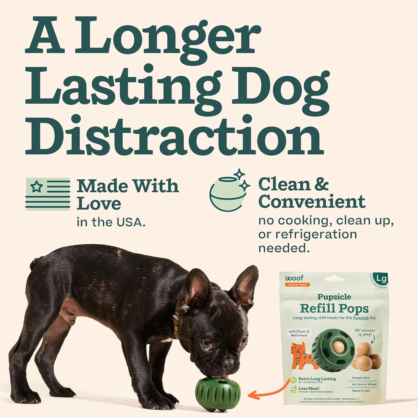 Large size WOOF Pupsicle pre-made replacement dog treats for interactive play toys.