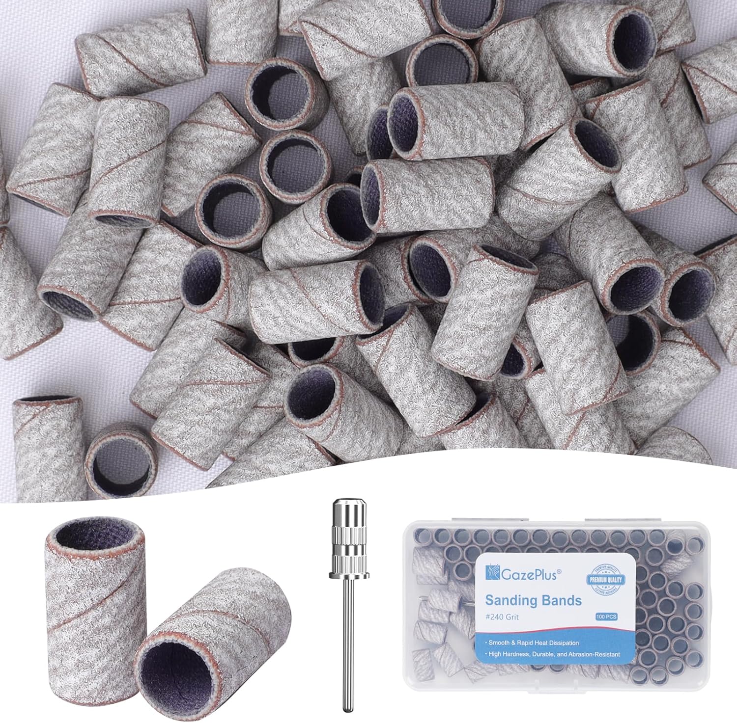 GAZEPLUS 100 Pieces Sanding Bands for Nail Drill front view showing packaged box and mandrel bit