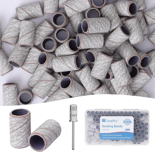 GAZEPLUS 100 Pieces Sanding Bands for Nail Drill front view showing packaged box and mandrel bit