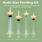 ZORQ kitten bottle feeding set with liquid syringes and formula dispenser on a white background.