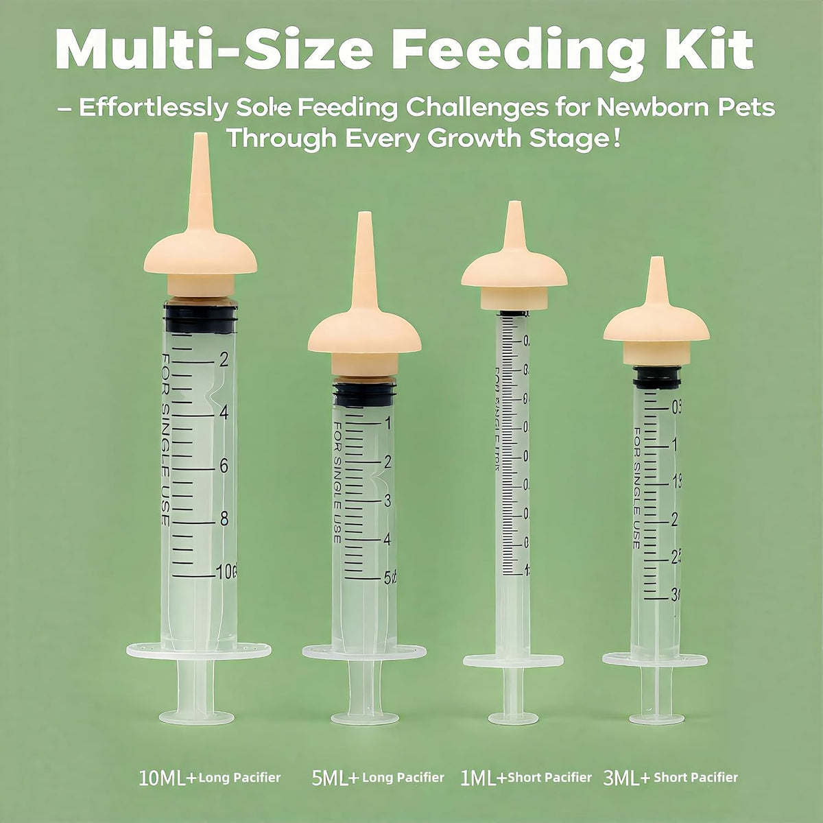 ZORQ kitten bottle feeding set with liquid syringes and formula dispenser on a white background.