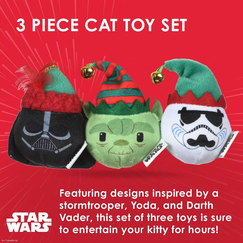 Darth Vader plush cat toy ball with holiday hat and attached purple feathers
