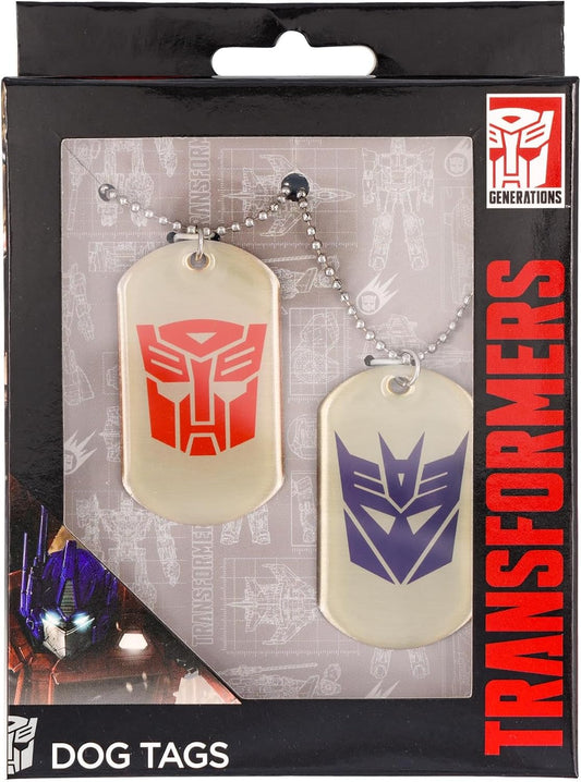 Officially licensed Hasbro metal faction pendant tags with silver ball chain accessory.