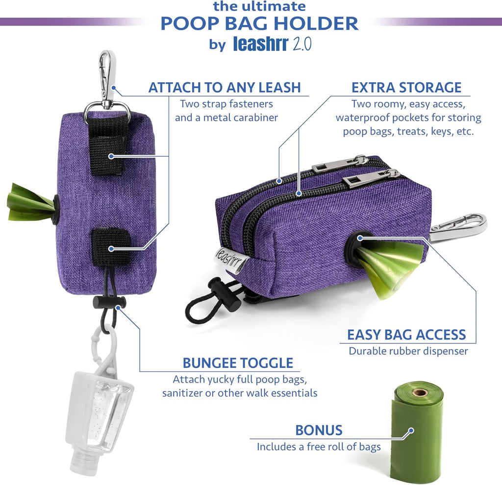 Leashrr 2.0 pet waste dispenser showing dual waterproof storage pockets open.