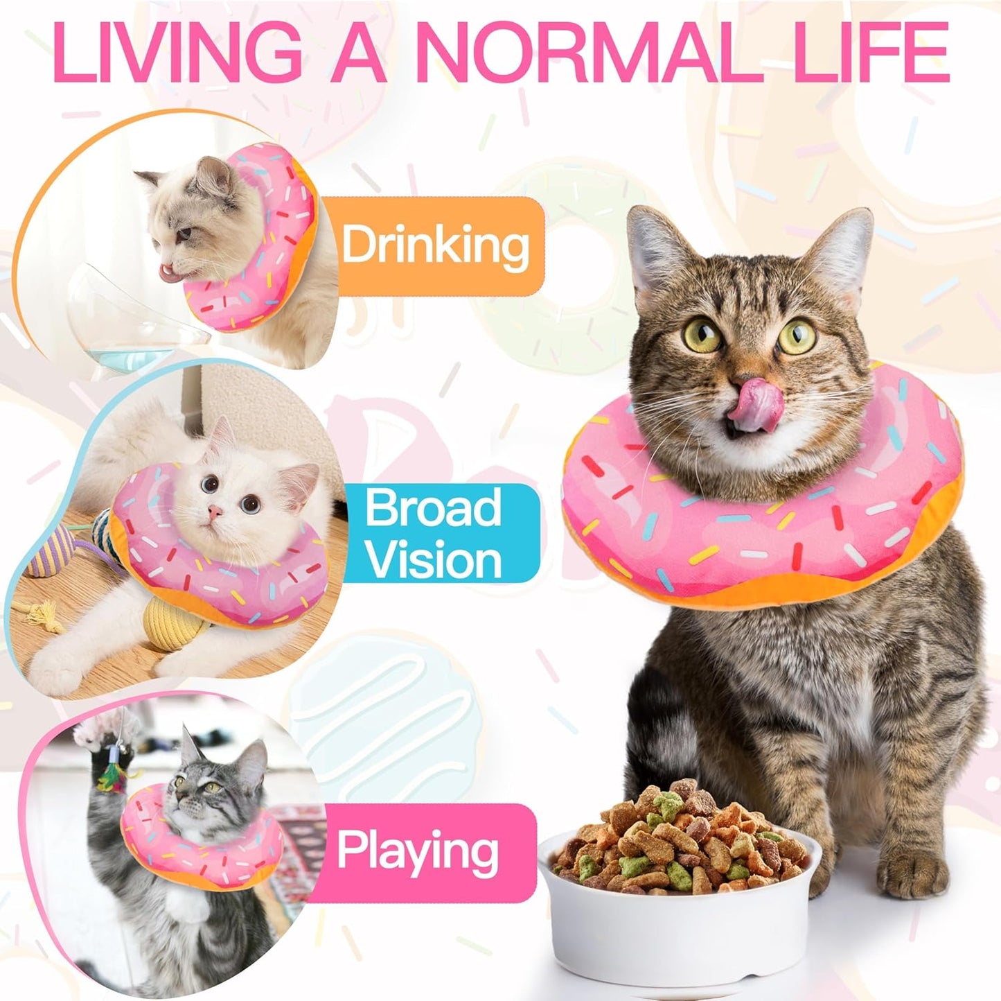 Side profile of a kitten playing freely with the lightweight pink donut collar