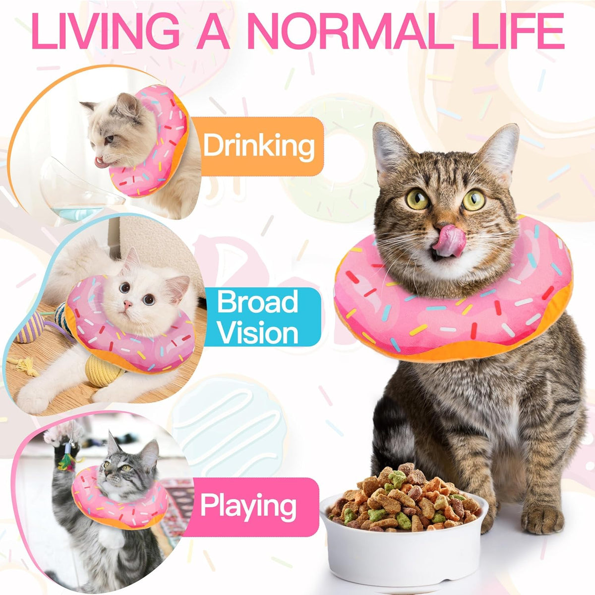 Side profile of a kitten playing freely with the lightweight pink donut collar