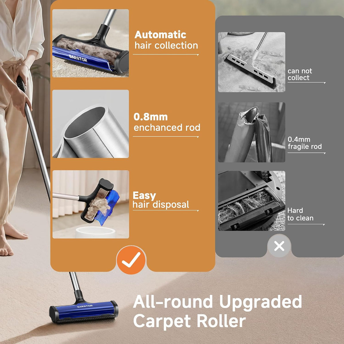 Garstor adjustable aluminum handle pet fur cleaner assembled standing view