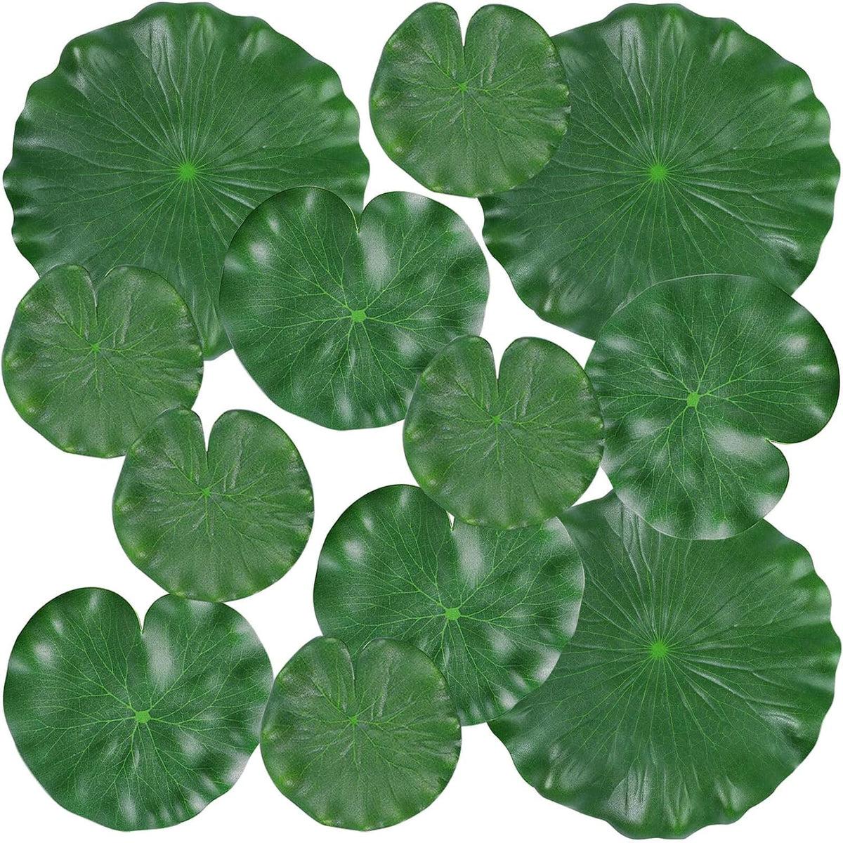 FFNIU artificial floating foam lily pads front view floating on a clear koi pond surface