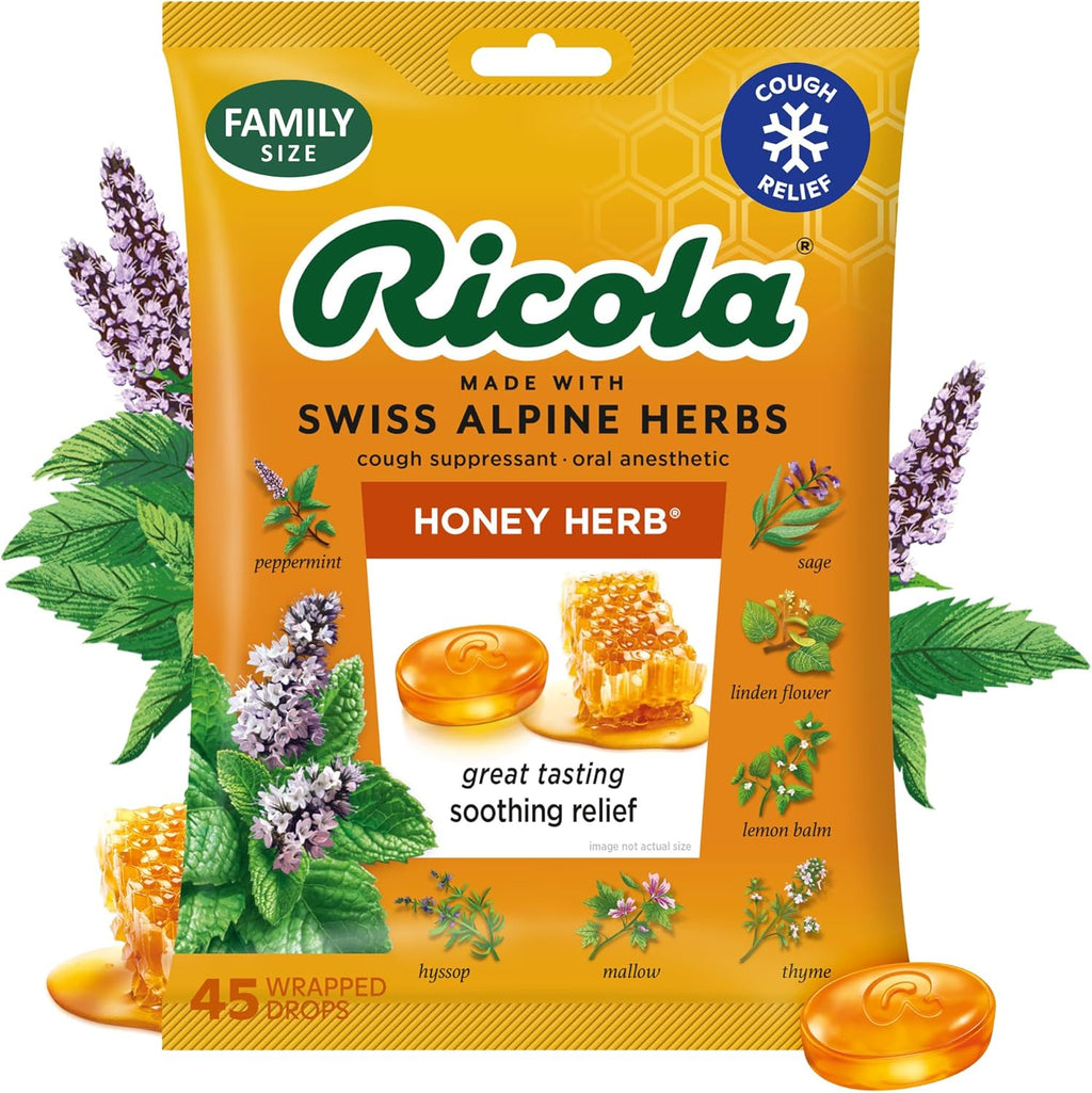 Ricola Honey Herb Cough Drops 45 count pack front view showcasing authentic USA imported packaging