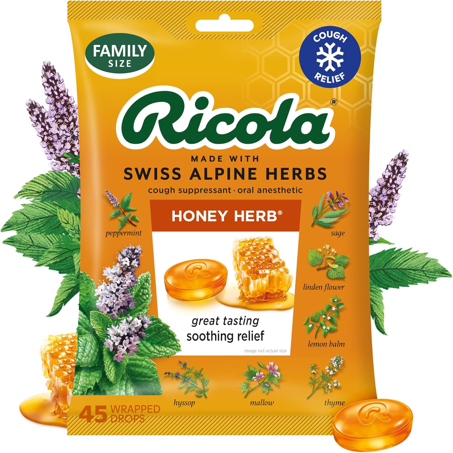 Ricola Honey Herb Cough Drops 45 count pack front view showcasing authentic USA imported packaging